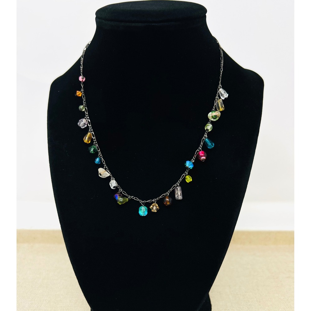 Liz Henry Multi Color Crystal Glass Bead Charm Necklace Gunmetal Tone Chain 16in